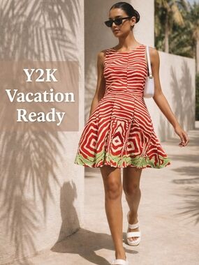 Y2K Red Zebra Print Fit & Flare Skater Dress Large Summer Vacation Mini Dress